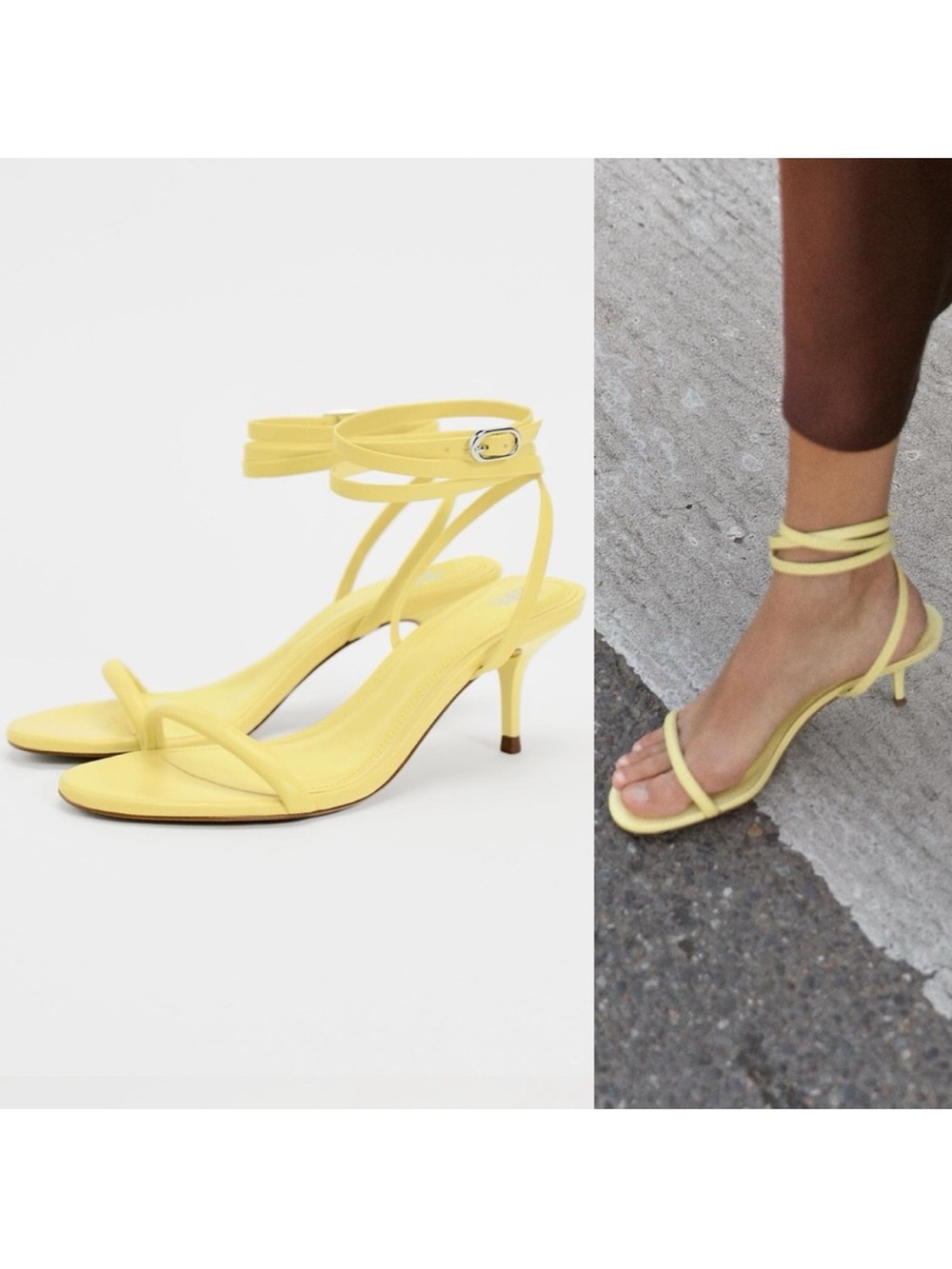 ZARA HIGH HEELED TUBULAR STRAP LEATHER SANDALS 9 Sz 40 LIGHT YELLOW 2311/410 NWT